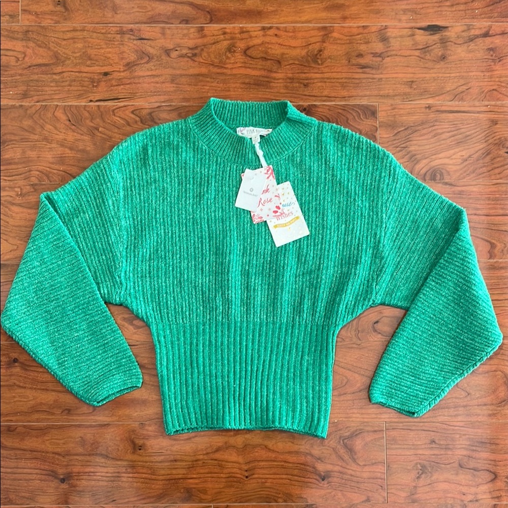 NWT Pink Rose Green Mockneck Knit Sweater Long Sleeve Top
